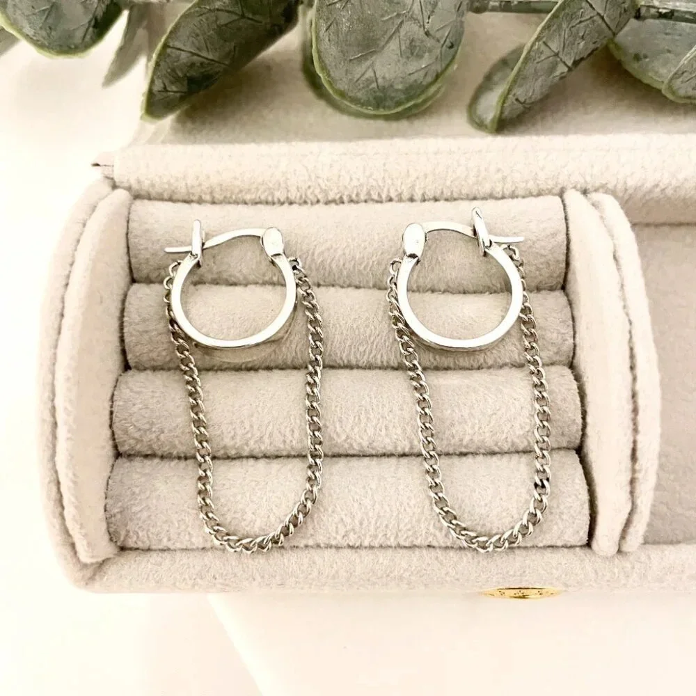 925 Sterling Silver Dangle Chain Hoop Earrings Small Hoops Huggie Earrings